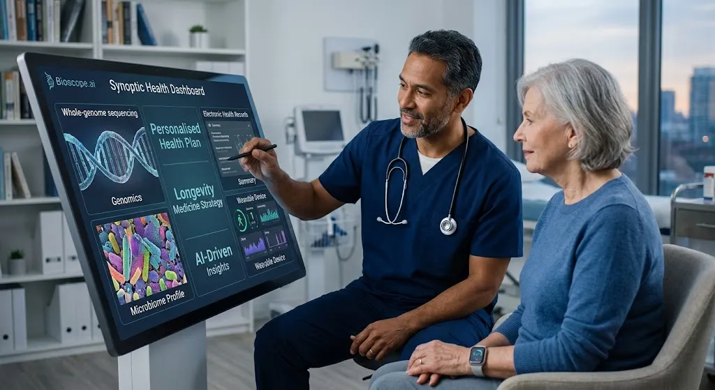 A male doctor in navy scrubs presenting a Bioscope.ai Synoptic Health Dashboard screen—displaying genomics, microbiome, and AI data—to a senior female patient in a modern medical office.
