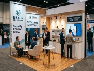 A well-lit, open-concept trade show booth featuring comfortable seating areas, clear signage, an interactive tablet demo, and friendly staff engaging with visitors.