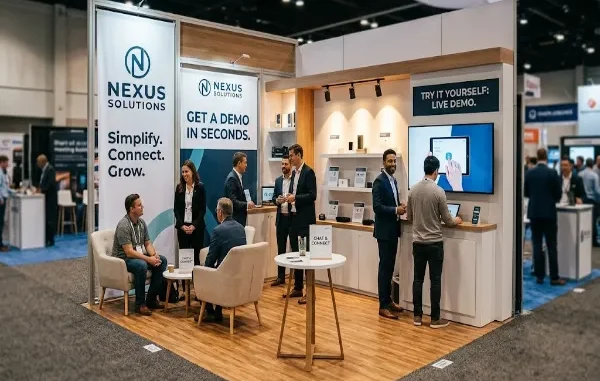 A well-lit, open-concept trade show booth featuring comfortable seating areas, clear signage, an interactive tablet demo, and friendly staff engaging with visitors.
