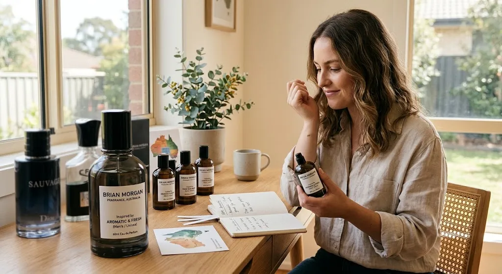 A woman sits at a wooden table in a sunlit room, smiling as she holds and smells a dark glass bottle of perfume. In the foreground, a large, focused bottle is labeled "BRIAN MORGAN, FRAGRANCE, AUSTRALIA, Inspired by AROMATIC & FRESH (Men's / Unisex)". Behind it are smaller perfume bottles, test strips, a notebook with notes, and a potted plant, with a blurred natural garden view through the windows.