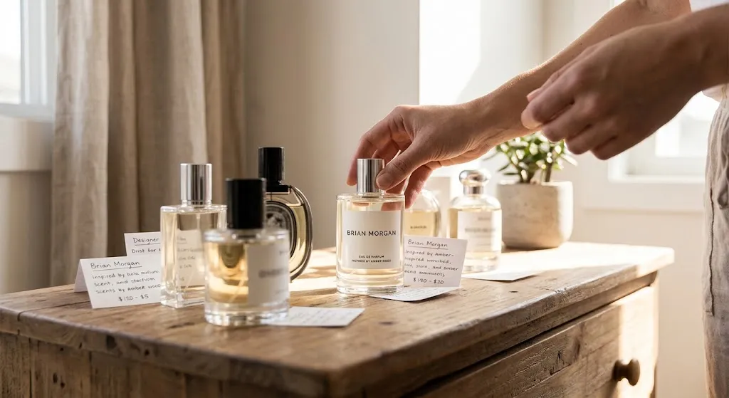 A person reaching for a clean, minimalist glass perfume bottle labeled "Brian Morgan" set among a display of modern fragrance bottles and descriptive note cards on a rustic wooden vanity.