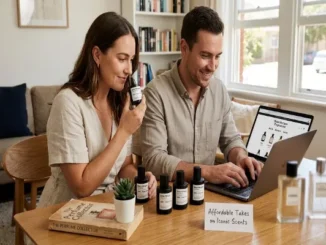 A man and woman sit at a table looking at Brian Morgan fragrance bottles and a laptop.