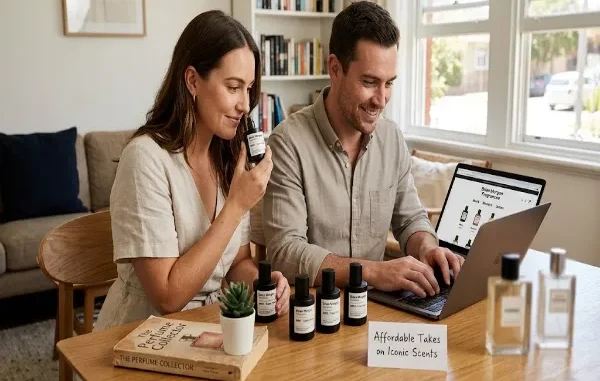 A man and woman sit at a table looking at Brian Morgan fragrance bottles and a laptop.