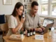 A man and woman sit at a table looking at Brian Morgan fragrance bottles and a laptop.