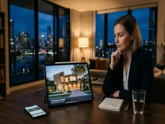 A woman sitting at a desk at night reviewing a photorealistic 3D exterior render of a modern Brisbane home displayed on a digital tablet.