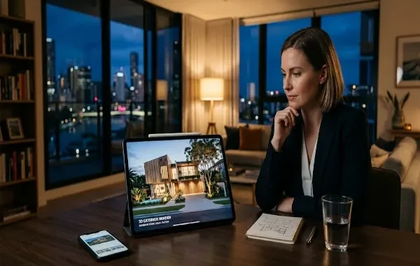 A woman sitting at a desk at night reviewing a photorealistic 3D exterior render of a modern Brisbane home displayed on a digital tablet.