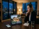 A woman sitting at a desk at night reviewing a photorealistic 3D exterior render of a modern Brisbane home displayed on a digital tablet.