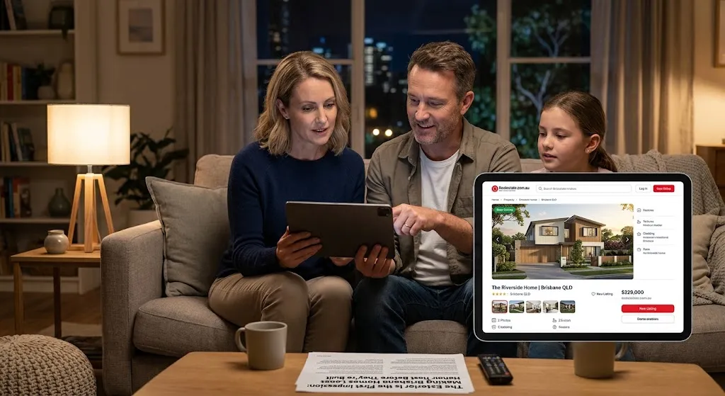 A couple and their young daughter sitting on a sofa at night, looking at a digital tablet displaying a realistic 3D exterior render of a modern Brisbane home on a real estate website listing.
