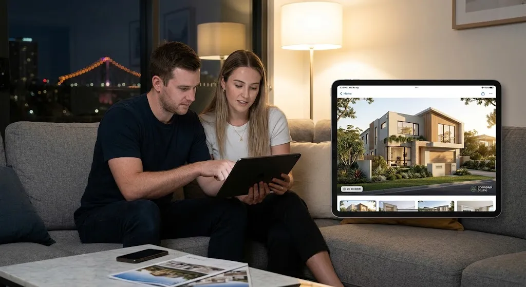 A couple sitting on a living room sofa at night, looking intently at a tablet screen displaying a photorealistic 3D architectural rendering of a modern Brisbane home exterior with subtropical landscaping.