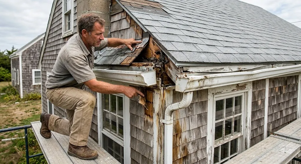 A contractor on scaffolding inspects moisture damage and rotting wood trim at the roofline and gutter corner of an older Cape Cod home with weathered cedar shingles.