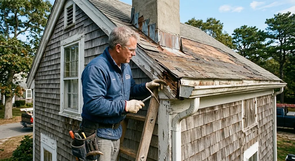 An experienced roofing contractor inspects a Cape Cod home's damaged exterior, examining rotted wood trim and old flashing near a chimney and gutter line.