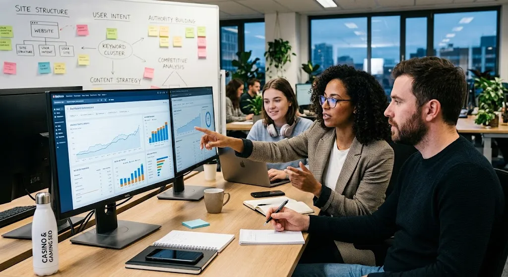 Digital marketing team analyzing online casino SEO traffic growth charts and site structure diagrams on dual monitors in a modern office.