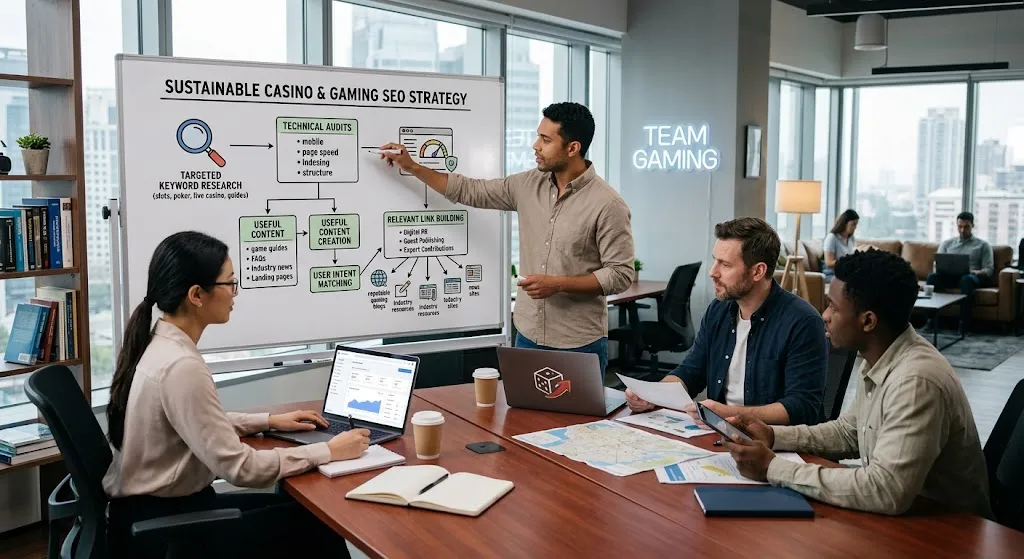 A digital marketing team collaborating around a conference table in a modern office, analyzing a whiteboard flowchart titled "Sustainable Casino & Gaming SEO Strategy" that outlines keyword research, technical audits, useful content creation, and relevant link building.