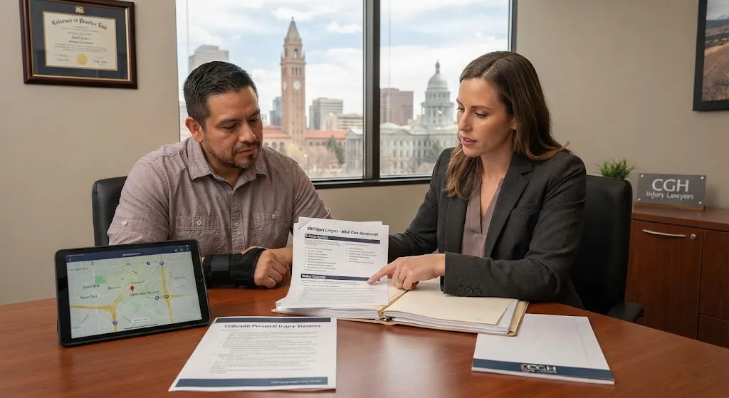 A Denver personal injury attorney discussing case evidence and documentation with an injured client wearing a wrist brace in a law office overlooking the Denver skyline.