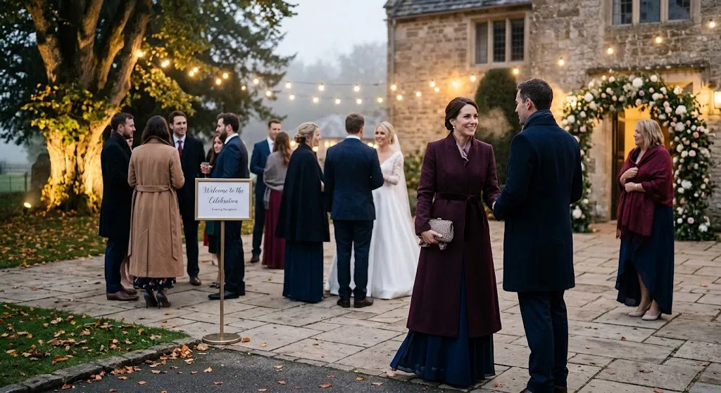 A realistic photograph of a group of elegantly dressed guests socializing at an outdoor evening wedding reception at a historic stone manor. The foreground features a woman wearing a sophisticated longline burgundy wool coat over a navy blue gown, and a man in a tailored dark navy overcoat. Other guests are wearing various formal layers like trenches, capes, and wraps against the chilly evening. Warm string lights and floral arches decorate the stone building, and a sign welcomes guests to the celebration.