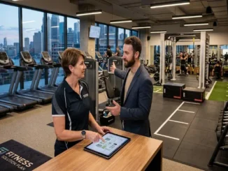 A gym consultant and manager discussing facility layout and equipment plans using a tablet in a modern commercial gym.