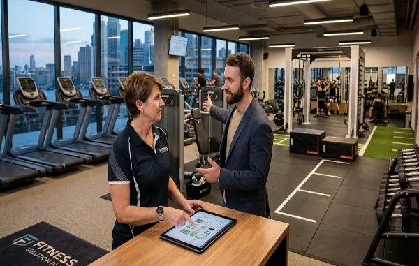 A gym consultant and manager discussing facility layout and equipment plans using a tablet in a modern commercial gym.