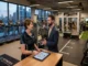 A gym consultant and manager discussing facility layout and equipment plans using a tablet in a modern commercial gym.