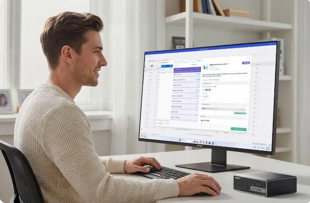 A man in a cream-colored sweater sitting at a bright office desk, typing on a keyboard while looking at a large desktop monitor. On the desk to the right sits a small, compact black workstation PC.
