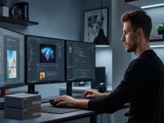 A man in profile sits at a dark modern desk, working intently. To his left, three desktop monitors are arranged in a panoramic setup, displaying code, diagrams, and a product image. A stack of two black, compact, lattice-patterned workstations sits prominently on the left side of the desk.