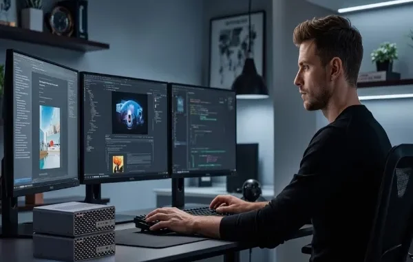 A man in profile sits at a dark modern desk, working intently. To his left, three desktop monitors are arranged in a panoramic setup, displaying code, diagrams, and a product image. A stack of two black, compact, lattice-patterned workstations sits prominently on the left side of the desk.