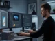 A man in profile sits at a dark modern desk, working intently. To his left, three desktop monitors are arranged in a panoramic setup, displaying code, diagrams, and a product image. A stack of two black, compact, lattice-patterned workstations sits prominently on the left side of the desk.