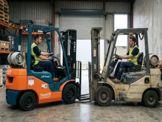 Side-by-side comparison in a warehouse of a shiny new orange forklift on the left and a dirty, heavily used old forklift on the right.