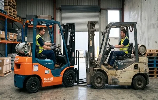 Side-by-side comparison in a warehouse of a shiny new orange forklift on the left and a dirty, heavily used old forklift on the right.