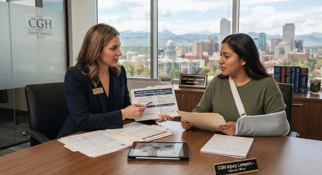 A professional personal injury attorney from CGH Injury Lawyers in Denver meeting with a client wearing a shoulder sling in a modern office overlooking the Denver skyline.
