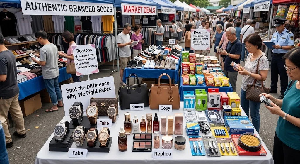 Outdoor market scene with shoppers browsing a table displaying fake and authentic items side-by-side, including designer purses, watches, cosmetics, phone chargers, and car replacement parts, set up to educate consumers on product counterfeiting.