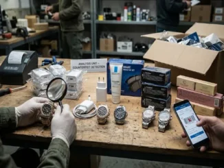 Hands inspecting luxury watches, electronics, and automotive parts with a magnifying glass and smartphone app in an anti-counterfeit analysis laboratory.
