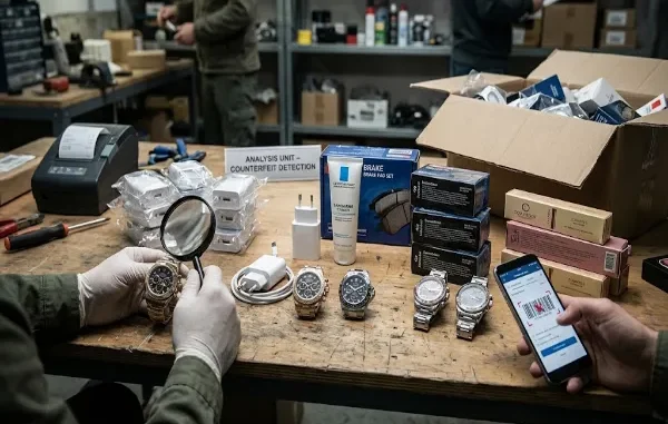 Hands inspecting luxury watches, electronics, and automotive parts with a magnifying glass and smartphone app in an anti-counterfeit analysis laboratory.