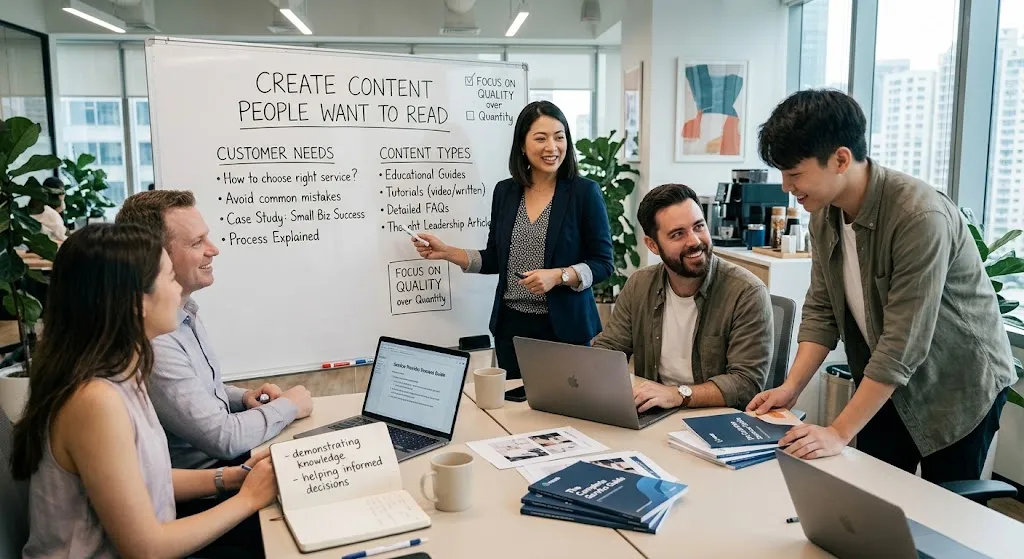 A diverse team of five marketing professionals collaborates in a modern, sunlit office around a conference table. One woman stands at a whiteboard pointing to structured lists for "CUSTOMER NEEDS" and "CONTENT TYPES" under the heading "CREATE CONTENT PEOPLE WANT TO READ." The table holds laptops, notebooks, and booklets, with one notebook explicitly stating, "demonstrating knowledge, helping informed decisions."