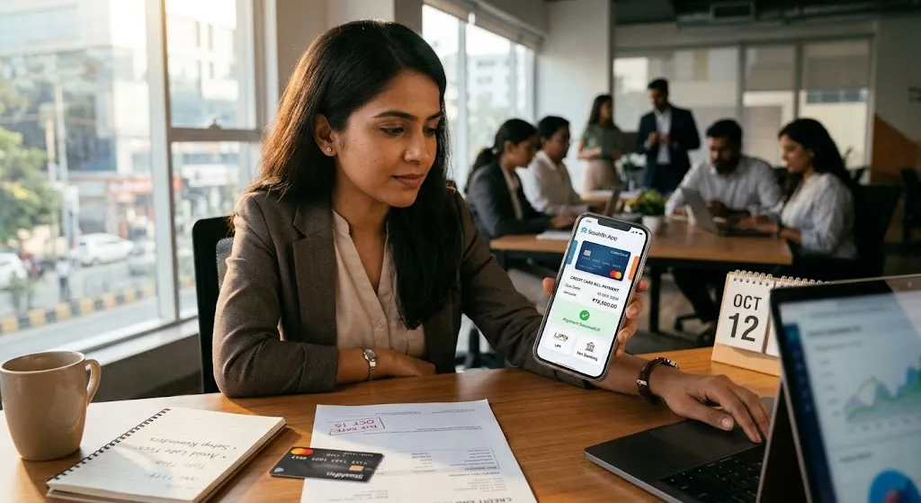 A woman at her office desk using a mobile banking app to make a credit card bill payment online, with a credit card, billing statement, calendar, and laptop nearby.