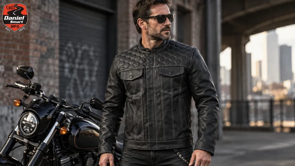 A male motorcyclist wearing a black Daniel Smart MFG leather jacket with white stitching and hexagonal quilted shoulder details, standing next to a black cruiser motorcycle in an urban environment.