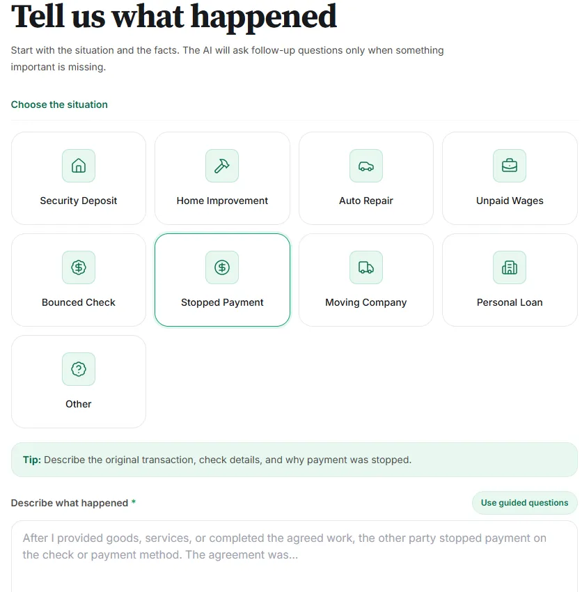 Screenshot of a demand letter generator interface showing situation selection options, with "Security Deposit" highlighted alongside choices like "Home Improvement" and "Unpaid Wages," followed by a text field prompting the user to describe what happened.