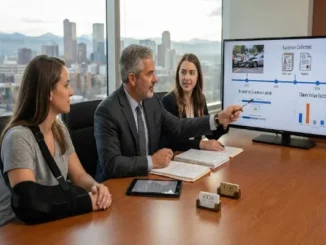 Denver personal injury attorney reviewing a client's claim and evidence timeline on a conference room screen.