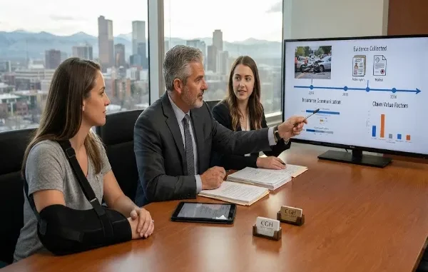 Denver personal injury attorney reviewing a client's claim and evidence timeline on a conference room screen.