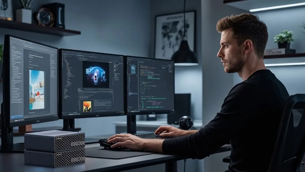 A man with short brown hair sits in profile at a modern, dark desk. He is focused on a three-monitor setup displaying code and diagrams. On the left, a vertical stack of two compact, black hardware units with grid patterns sits. A mouse and keyboard are in the foreground.