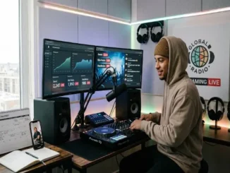 A wide-angle photograph of a smiling male DJ in a beanie and hoodie, mixing music in a modern home studio. Dual monitors behind him display live data of global viewers, and a "Global Radio Streaming Live" sign is on the acoustic paneling.