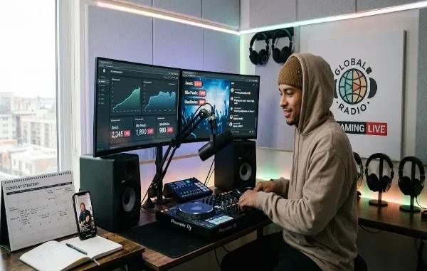 A wide-angle photograph of a smiling male DJ in a beanie and hoodie, mixing music in a modern home studio. Dual monitors behind him display live data of global viewers, and a "Global Radio Streaming Live" sign is on the acoustic paneling.
