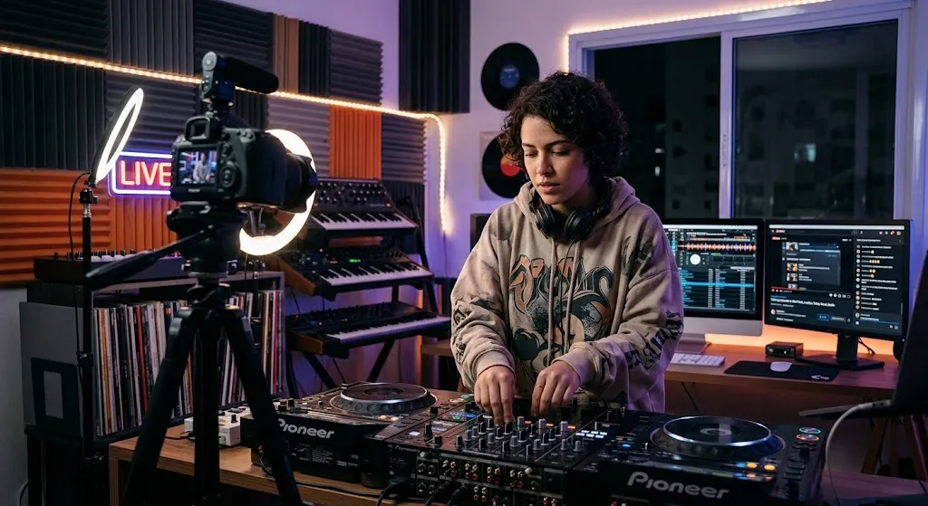 A DJ mixing music on modern decks in a dark home studio, illuminated by neon lights and warm ambient glow, with dual monitors displaying audio software and live streaming chats.