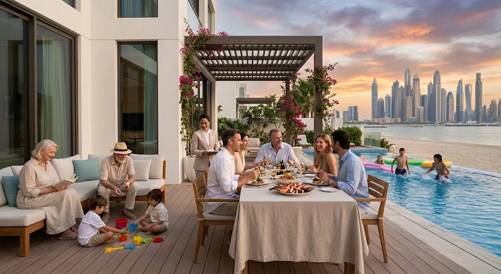 A multi-generational family enjoying a outdoor dinner and poolside activities on a luxury beachfront villa terrace overlooking the Dubai skyline at sunset.