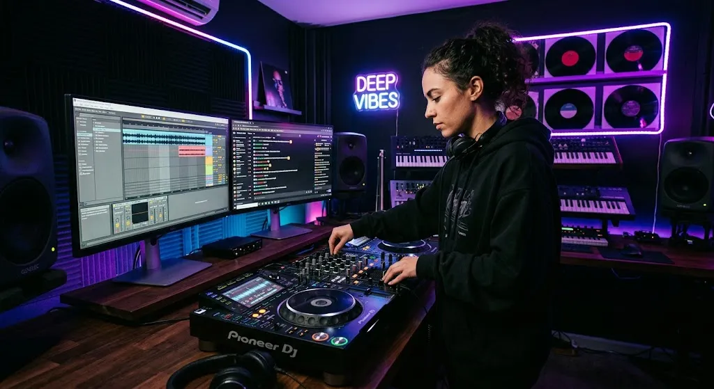 A candid, photo-realistic image capturing a young woman with curly dark hair and a hoodie, producing electronic music and mixing tracks in a cozy, professionally equipped home studio. She stands at a wooden desk, operating a large Pioneer DJ controller. The room is dark, lit by purple and blue LED strips, including a neon sign that reads 'DEEP VIBES' and a wall rack displaying vinyl records with purple light. A large dual-monitor setup shows complex audio production software with wave forms and a social media chat feed. Studio monitors flank the monitors, and a professional synthesizer sits on a stand to the right. The focus is sharp on her and the mixing deck, creating an immersive, creative atmosphere.