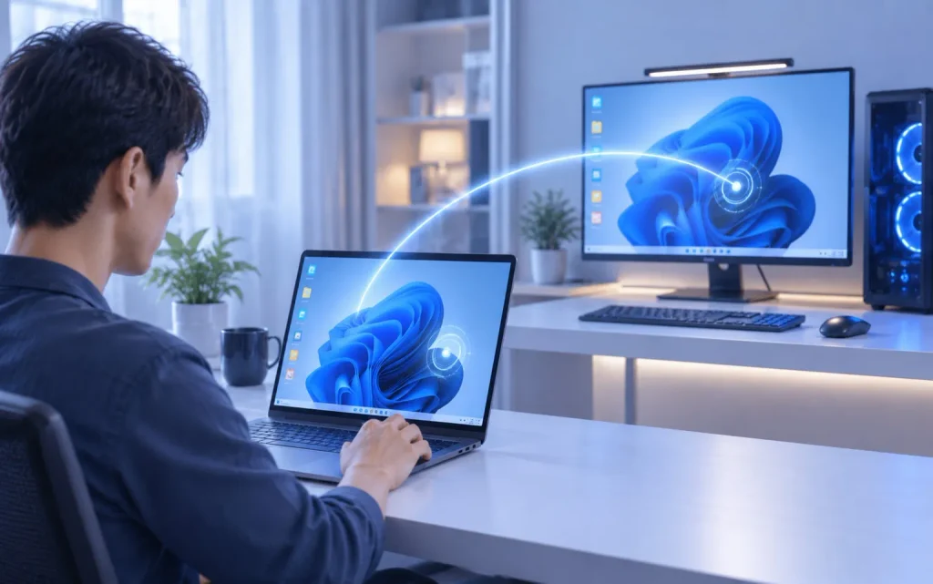 Professional using a laptop linked via a digital data stream to a remote computer monitor.