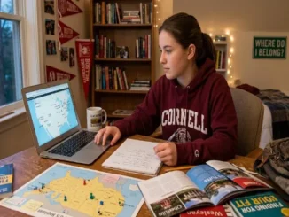 High school student sitting at a wooden desk researching colleges on a laptop with maps and brochures spread out.