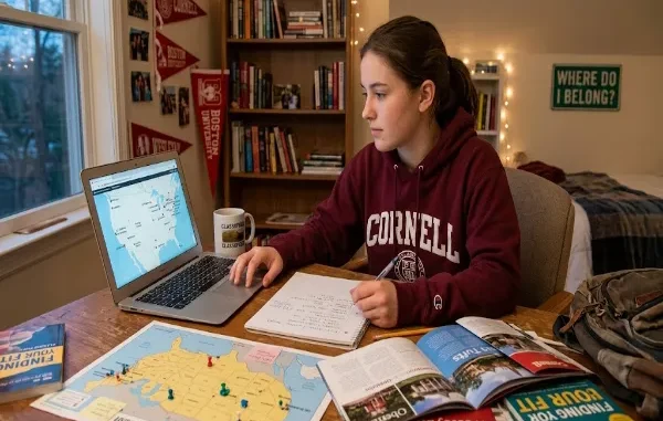 High school student sitting at a wooden desk researching colleges on a laptop with maps and brochures spread out.