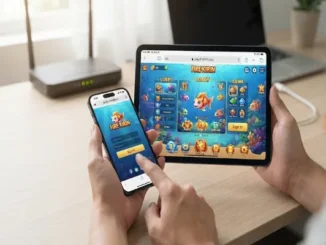 A close-up photograph of hands holding a smartphone and a tablet on a desk, both displaying the Fire Kirin online fish game directly within mobile web browsers, bypassing the need for app installation.