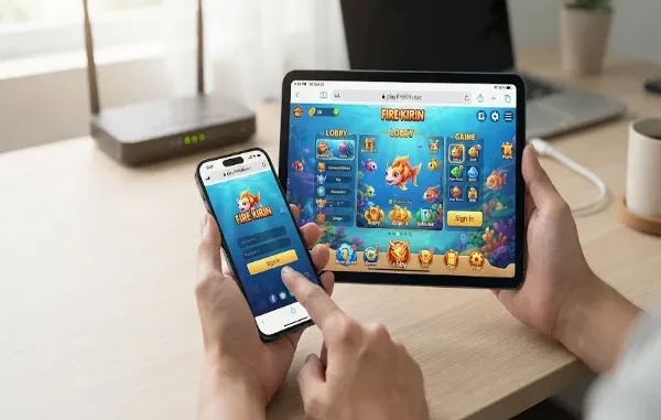 A close-up photograph of hands holding a smartphone and a tablet on a desk, both displaying the Fire Kirin online fish game directly within mobile web browsers, bypassing the need for app installation.