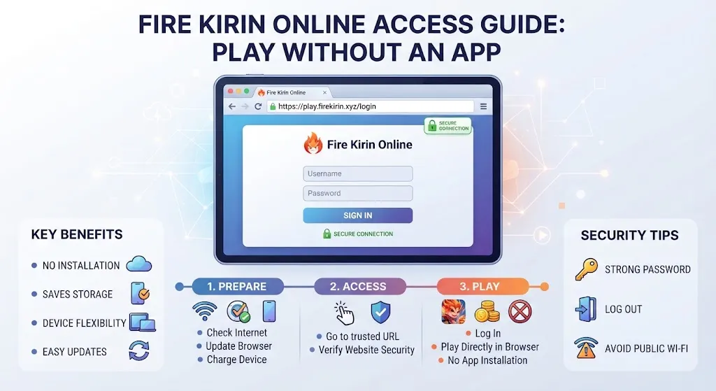 An infographic titled "Fire Kirin Online Access Guide: Play Without Installing an App," featuring a browser window with a secure login page in the center, flanked by key benefits on the left, a three-step access process below, and essential security tips on the right.